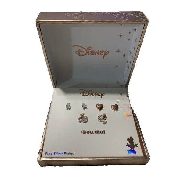 DISNEY Cubic Zirconia Minnie Mouse Earrings 3 Pair Fine Silver Plated Gift NIB - Picture 1 of 3